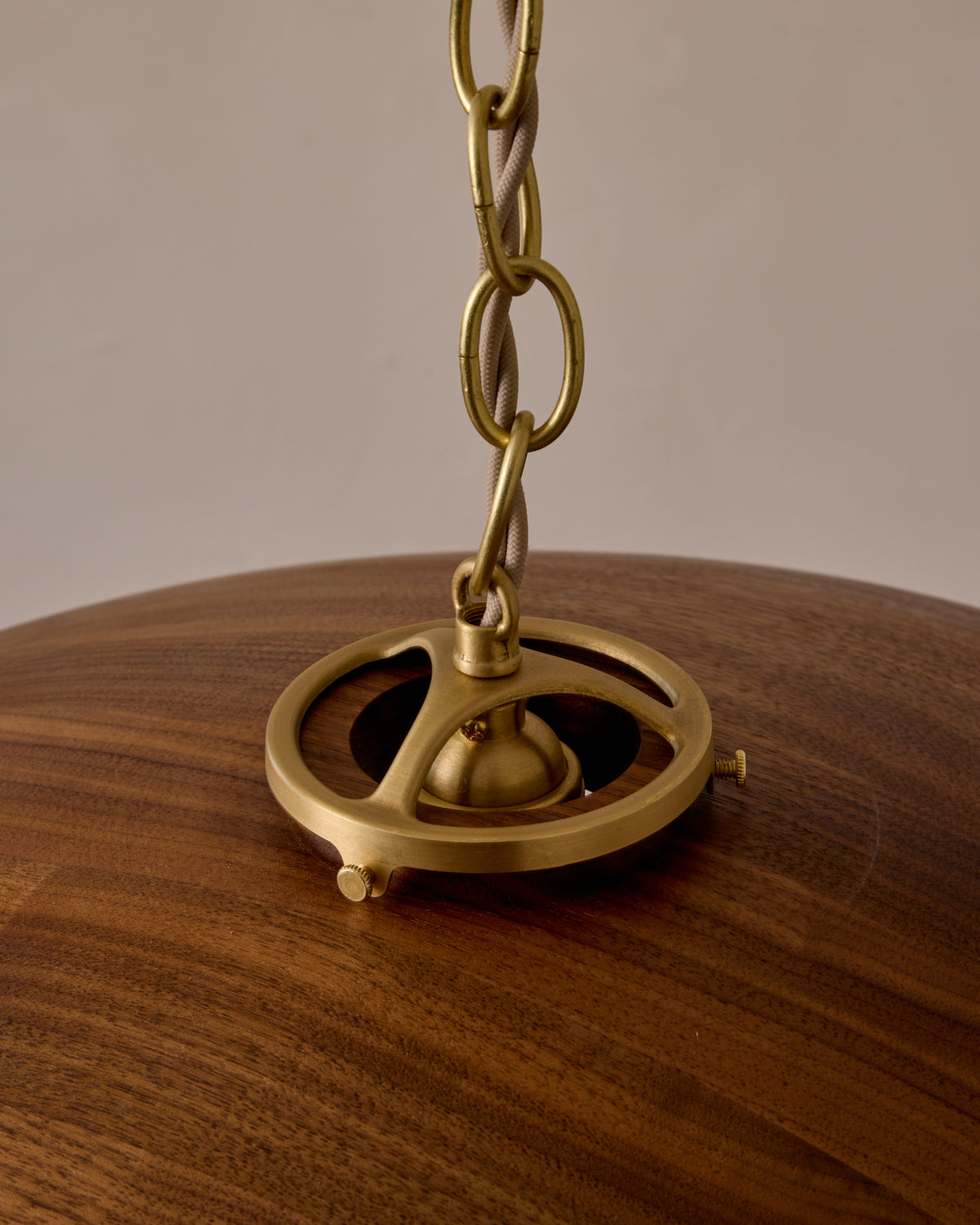 Large pendant light with oversized clear glass globe and decorative wooden clear maple shade with brass chain #shade-finish_black walnut #cord-color_beige