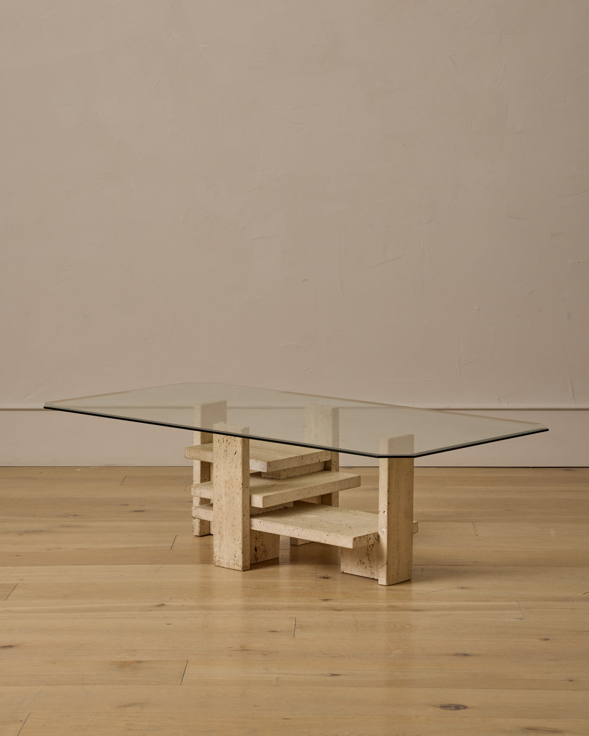 Travertine & Glass Coffee Table by Willy Ballez
