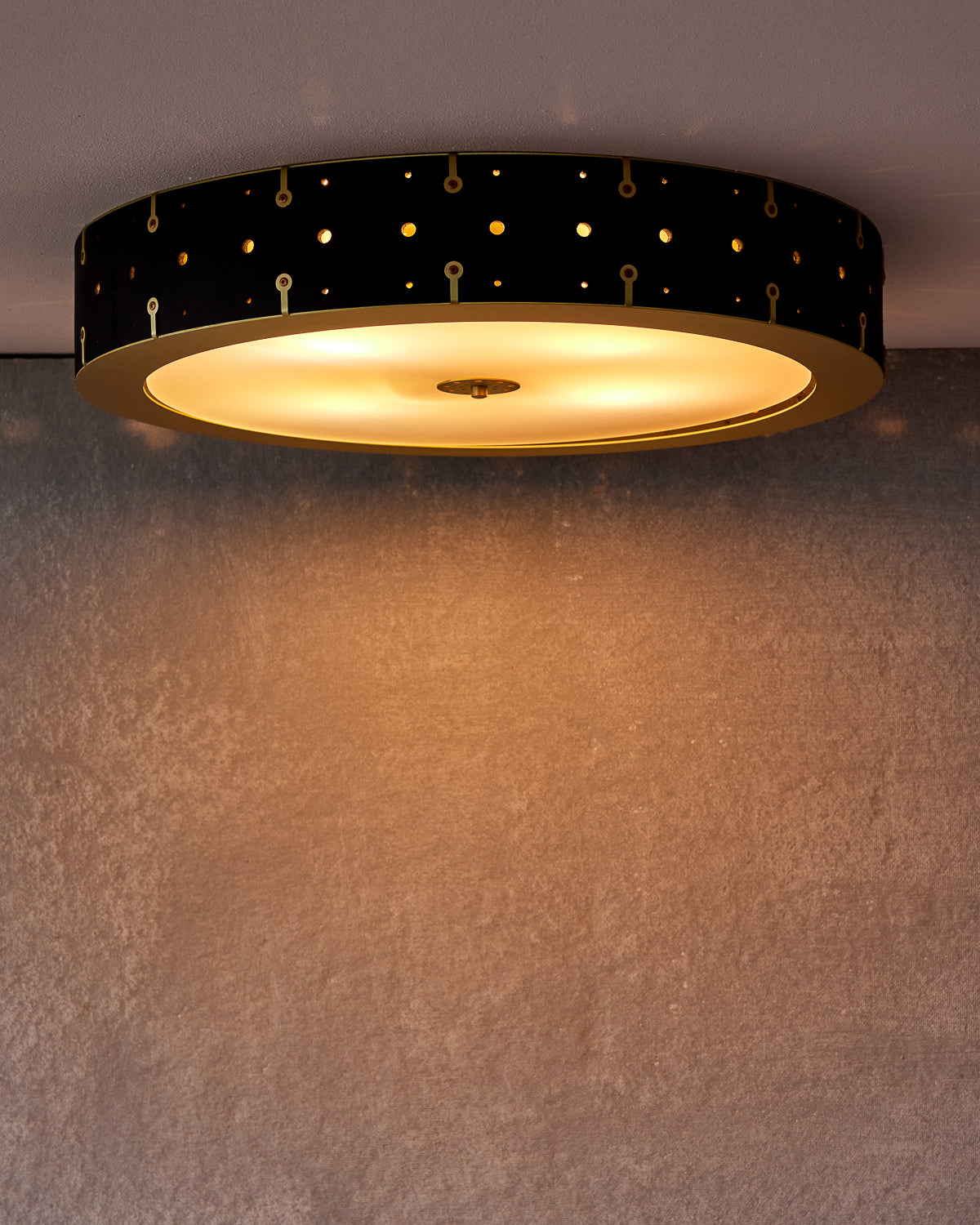Beautiful satin brass flush mount ceiling fixture with handstitched leather drum shade #leather-finish_black harness #size_24" drum