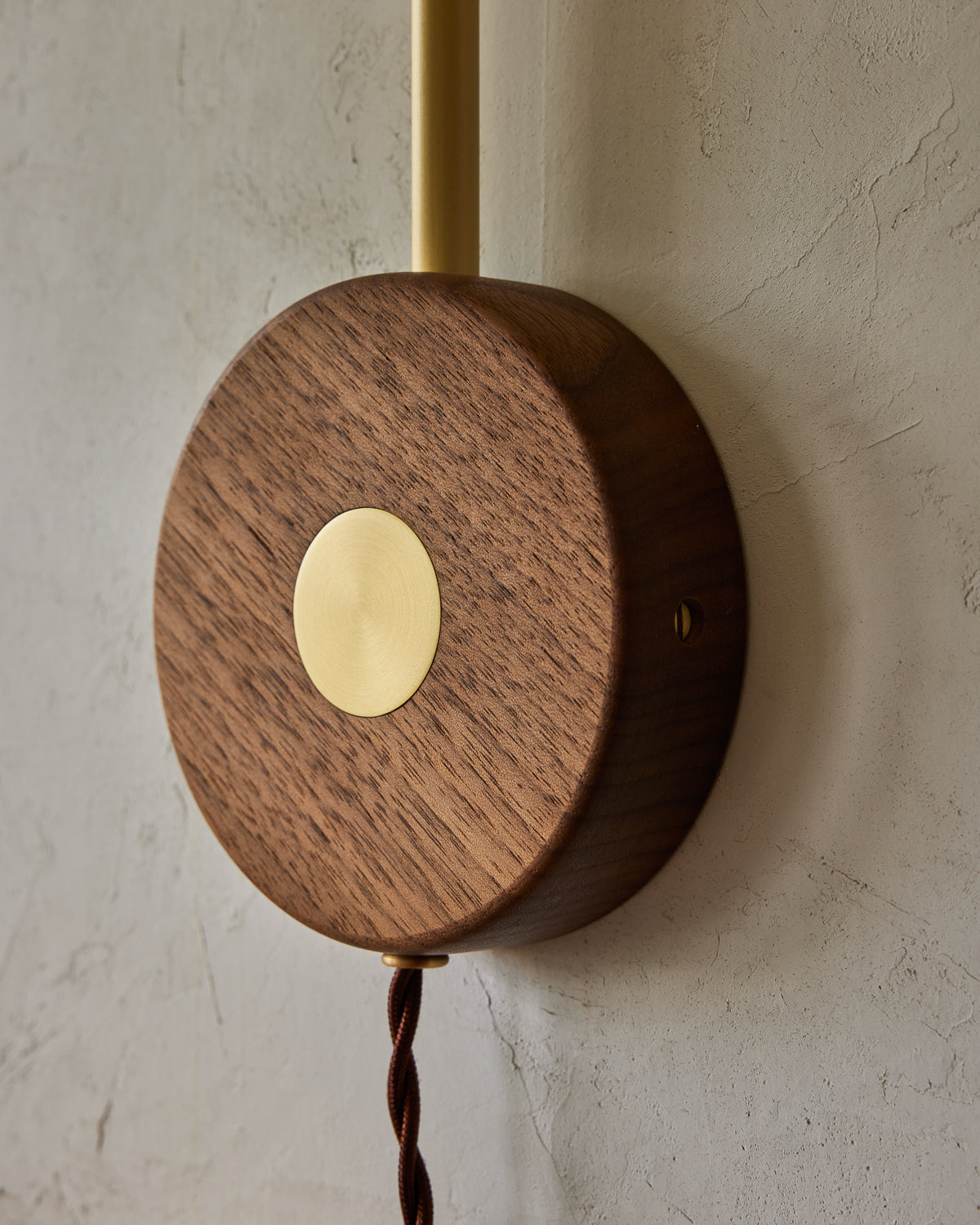 Wooden wall-mounted light fixture with brass accents on a neutral background #wiring_plug-in