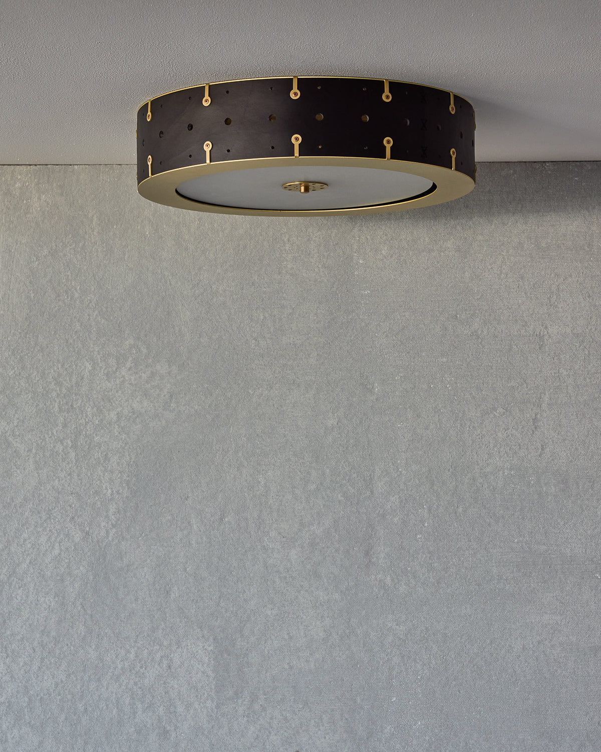 Beautiful satin brass flush mount ceiling fixture with handstitched leather drum shade #leather-finish_black harness #size_18" drum