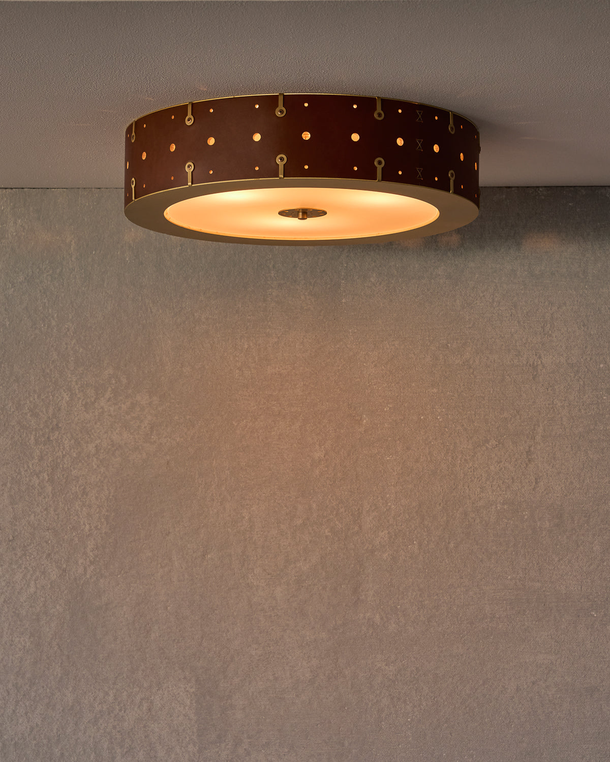 Beautiful satin brass flush mount ceiling fixture with handstitched leather drum shade #leather-finish_tan harness #size_18" drum