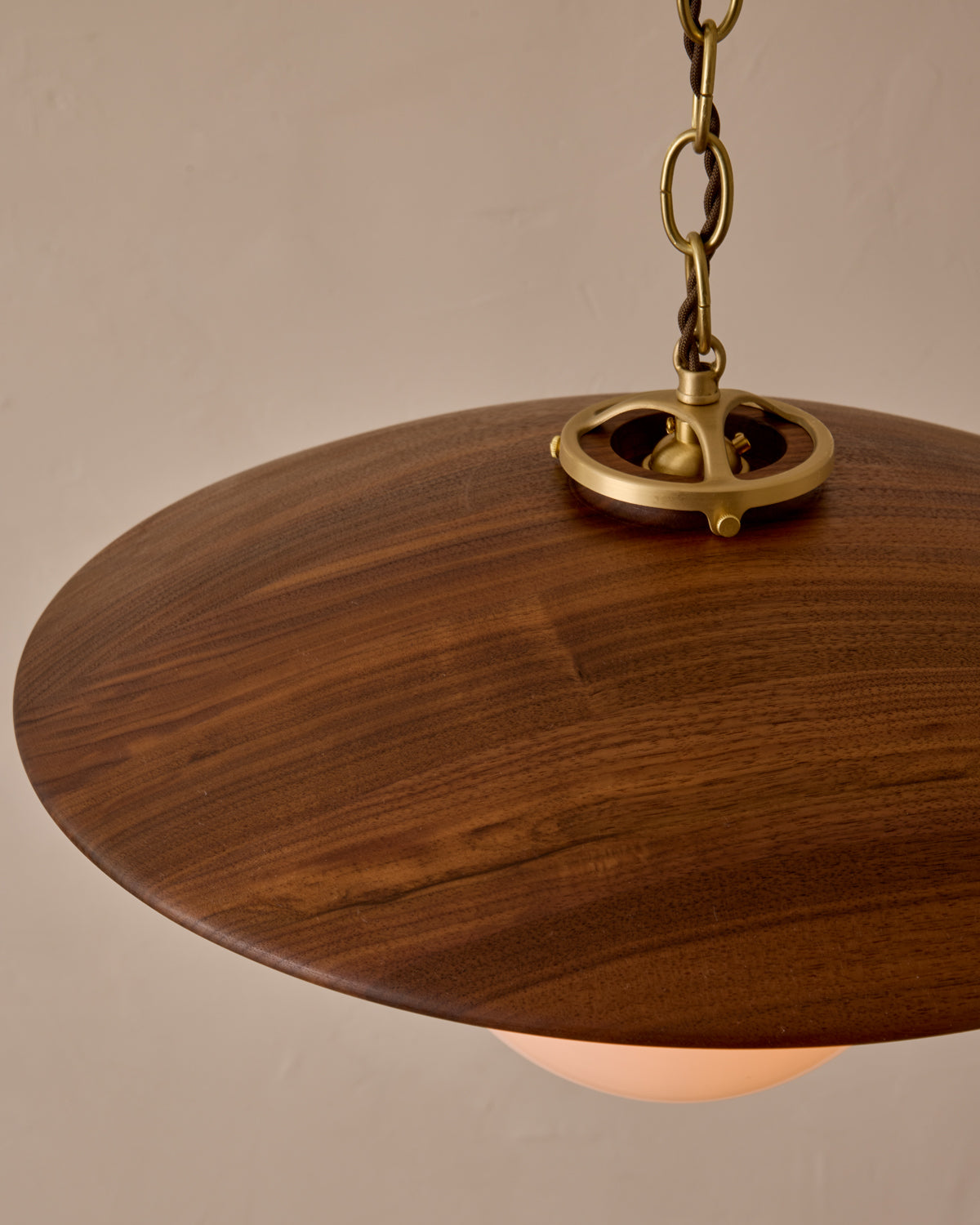 Large pendant light with oversized clear glass globe and decorative wooden clear maple shade with brass chain #shade-finish_black walnut #globe_white glass #cord-color_brown