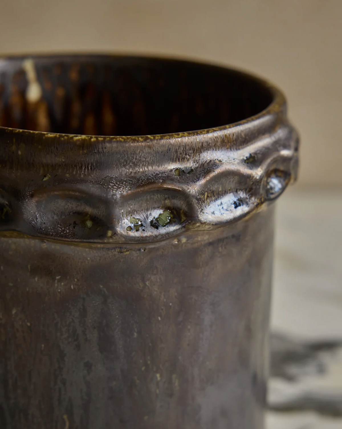 Hand Built Ceramic Chain Vessel in Bronze