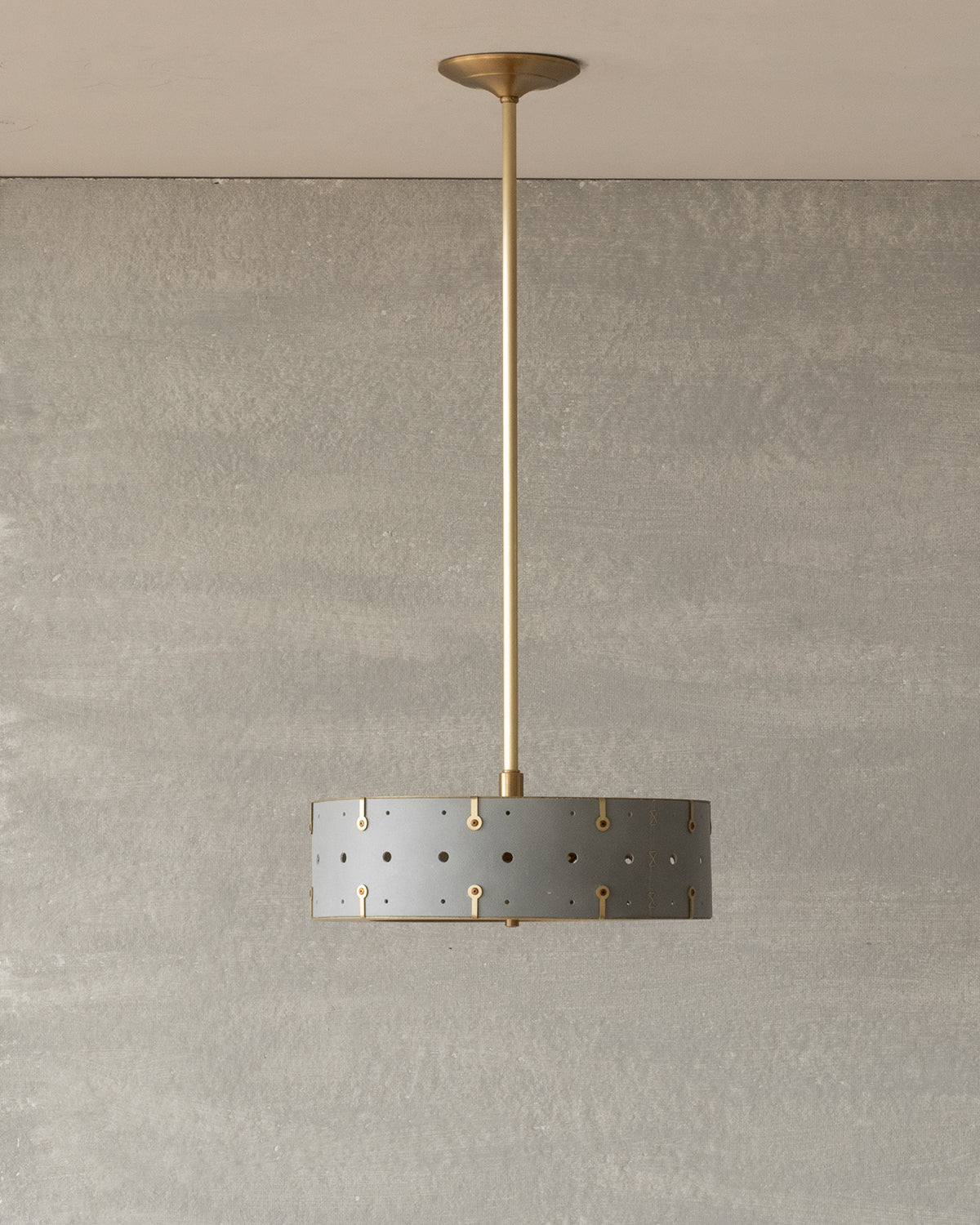 Beautiful satin brass ceiling pendant fixture with handstitched leather drum shade and customizable drop
#leather-color_cloud-blue