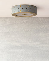 Beautiful satin brass flush mount ceiling fixture with handstitched leather drum shade #leather-color_cloud blue #size_14" Drum