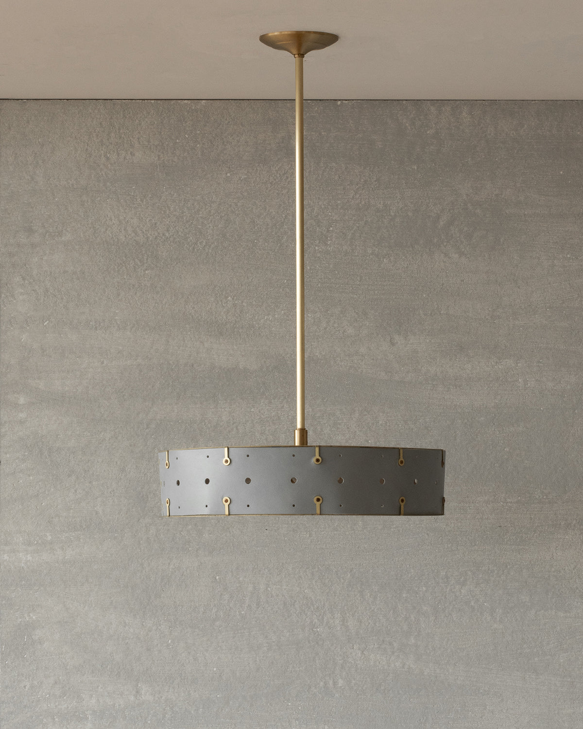 Beautiful satin brass ceiling pendant fixture with handstitched leather drum shade and customizable drop
#leather-color_cloud-blue