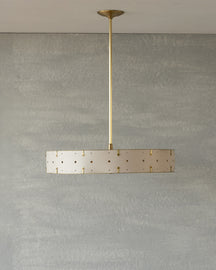 Beautiful satin brass ceiling pendant fixture with handstitched leather drum shade and customizable drop
#leather-color_dogwood