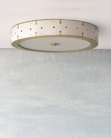 Beautiful satin brass flush mount ceiling fixture with handstitched leather drum shade #leather-color_dogwood #size_24" Drum