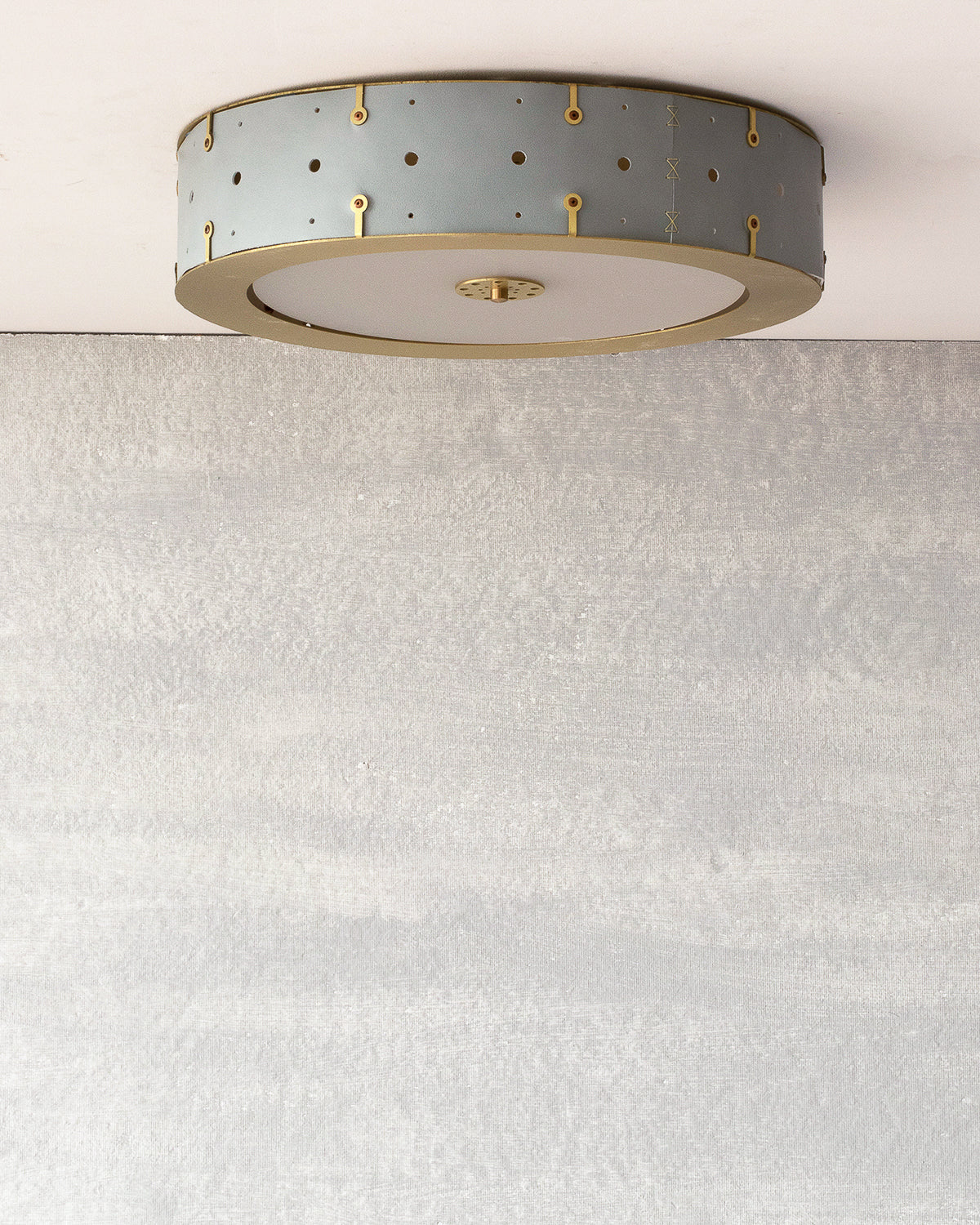 Beautiful satin brass flush mount ceiling fixture with handstitched leather drum shade #leather-color_cloud blue