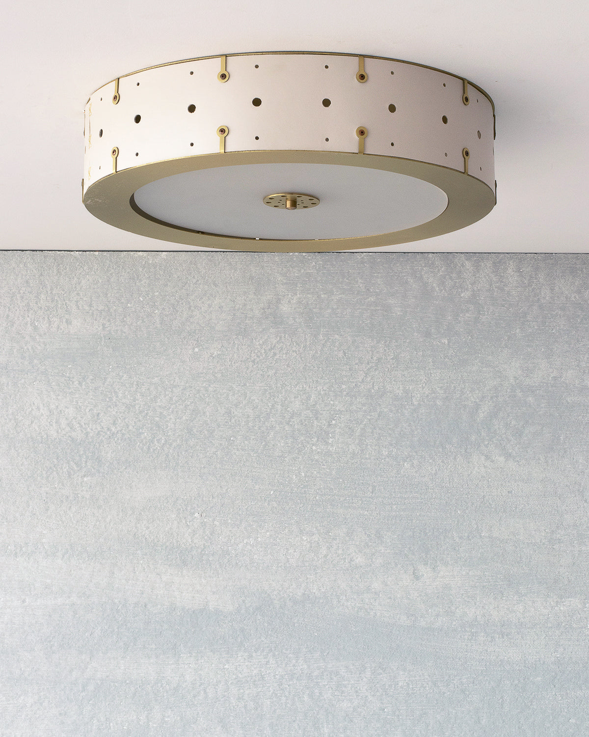 Beautiful satin brass flush mount ceiling fixture with handstitched leather drum shade #leather-color_dogwood