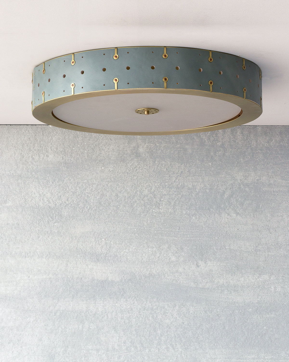 Beautiful satin brass flush mount ceiling fixture with handstitched leather drum shade #leather-color_cloud blue