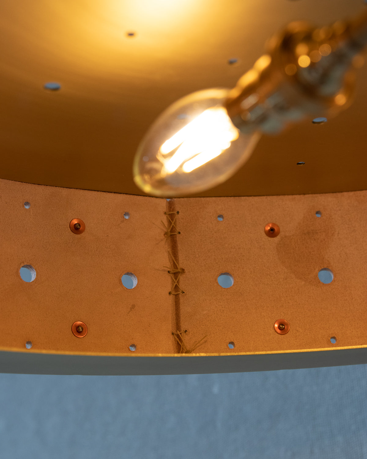 Beautiful satin brass ceiling pendant fixture with handstitched leather drum shade and customizable drop #leather-color_tan harness
