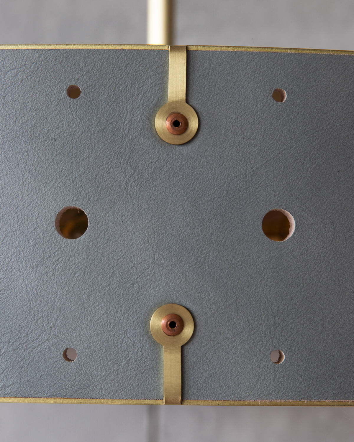 Beautiful satin brass ceiling pendant fixture with handstitched leather drum shade and customizable drop
#leather-color_cloud blue