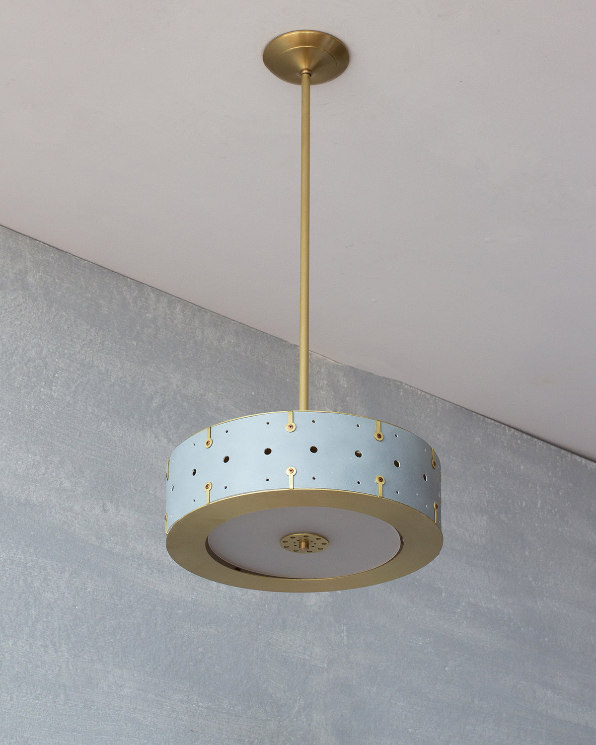 Beautiful satin brass ceiling pendant fixture with handstitched leather drum shade and customizable drop
#leather-color_cloud-blue