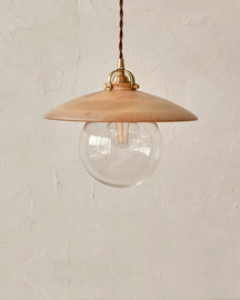 Pendant light with large clear glass globe and decorative wooden natural maple shade