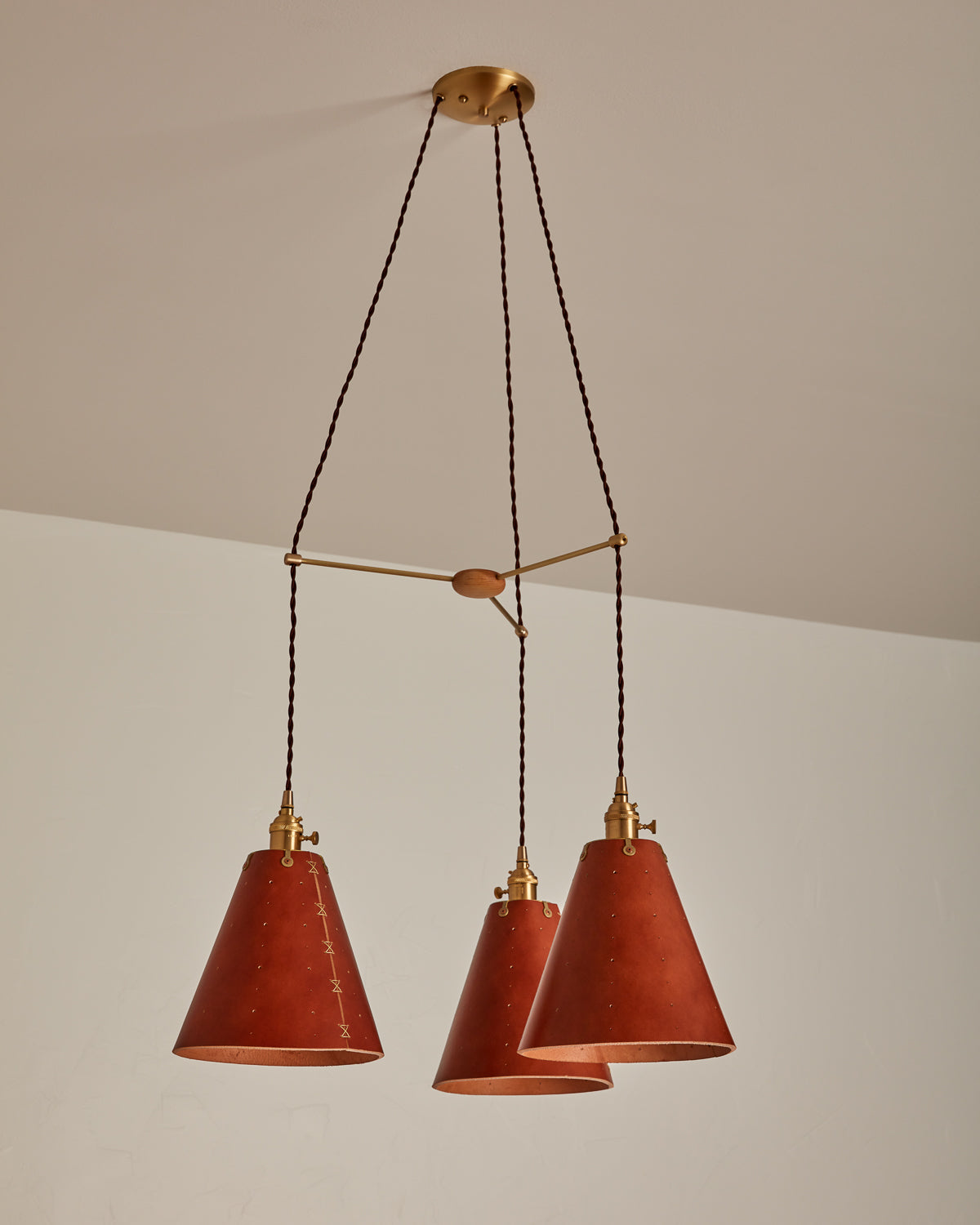 Sarah Cone Chandelier Triple Round Satin Brass Natural Maple Tan Harness