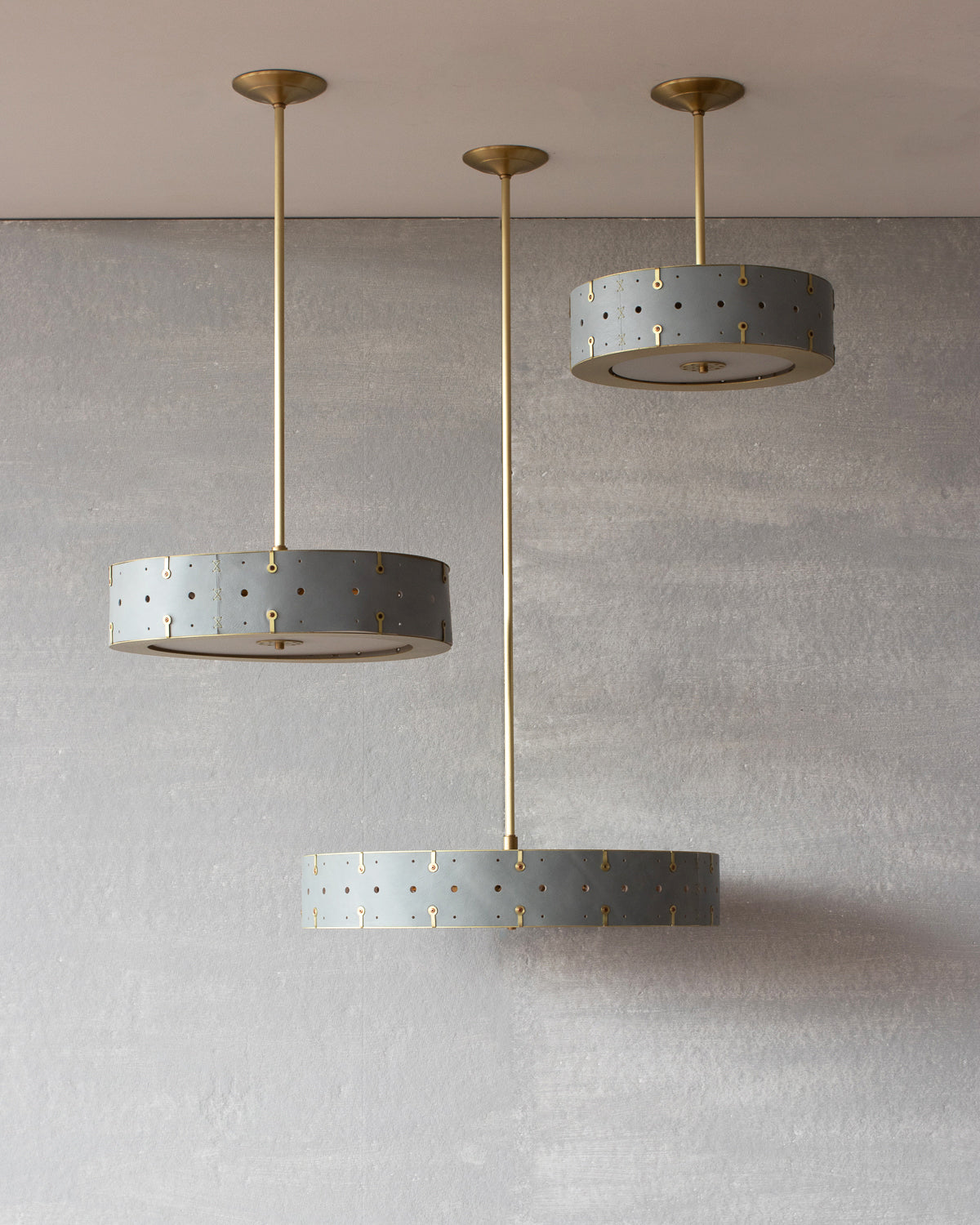 Beautiful satin brass ceiling pendant fixture with handstitched leather drum shade and customizable drop
#leather-color_cloud blue