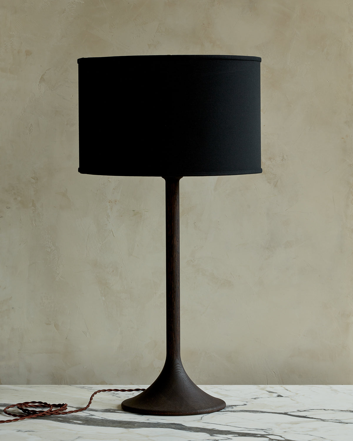 Large Trumpet table lamp with dark wash finish and black drum shade #wood-finish_dark wash red oak #shade-color_black linen