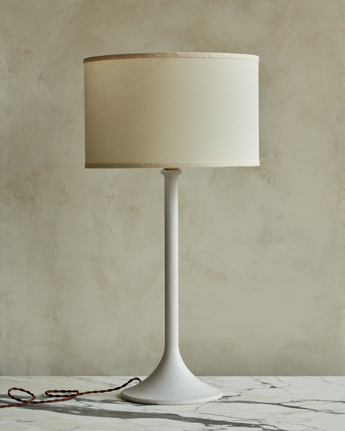 Large Trumpet table lamp with white wash finish and ivory drum shade