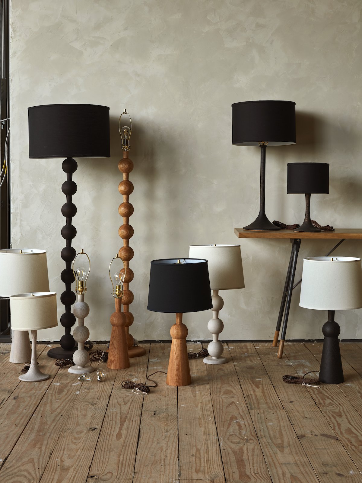 LOSTINE HUGO BARBELL WOODEN FLOOR LAMP WITH SHADE