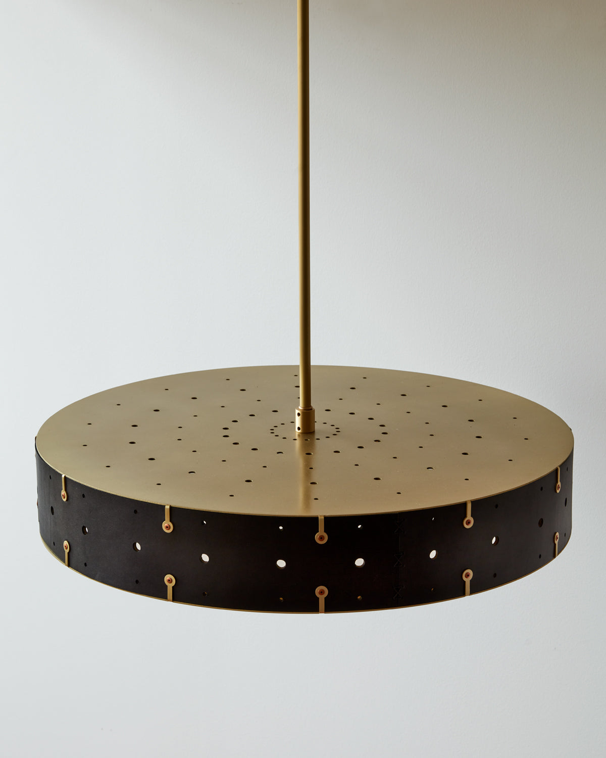 Beautiful satin brass ceiling pendant fixture with handstitched leather drum shade and customizable drop