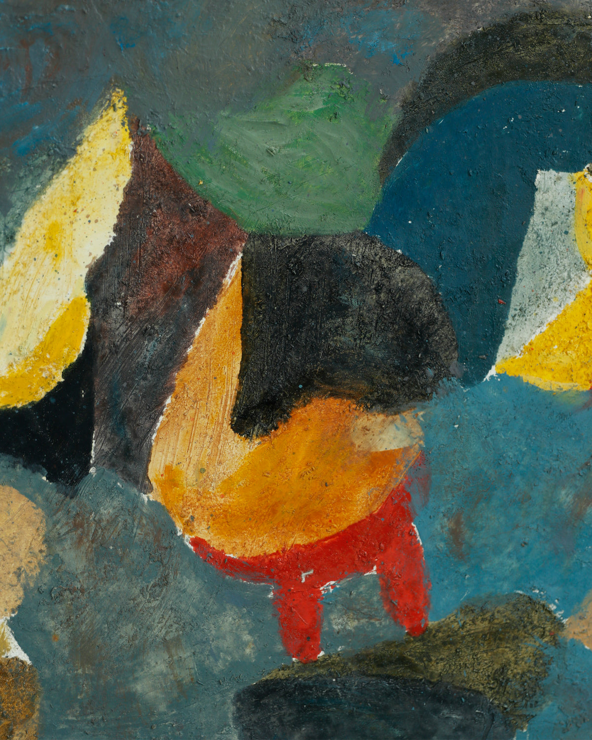 Framed oil painting of orange and red abstract forms floating across a blue and grey background