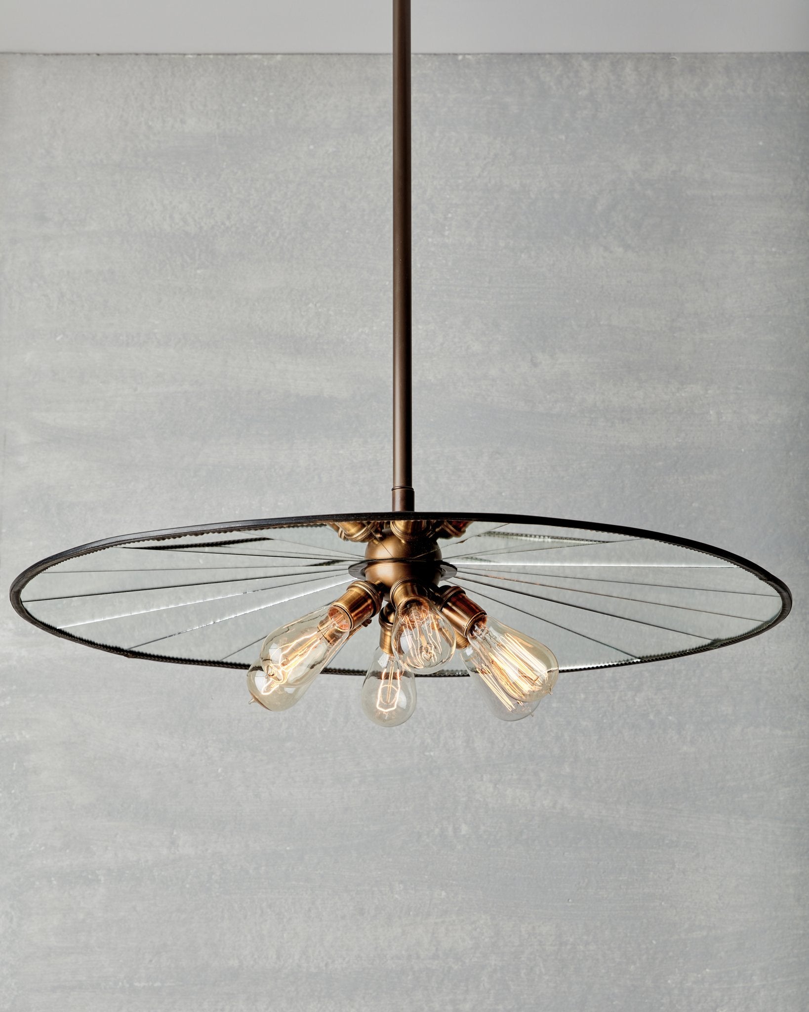 Large flat mirrored ceiling pendant with exposed lightbulbs. Made by RTO Lighting in Philadelphia. Hardwired light fixture. Simple interior design, made in the USA. #size_29" diameter