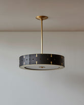 Beautiful satin brass ceiling pendant fixture with handstitched leather drum shade and customizable drop #leather-color_black-harness