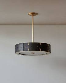 Beautiful satin brass ceiling pendant fixture with handstitched leather drum shade and customizable drop #leather-color_black-harness