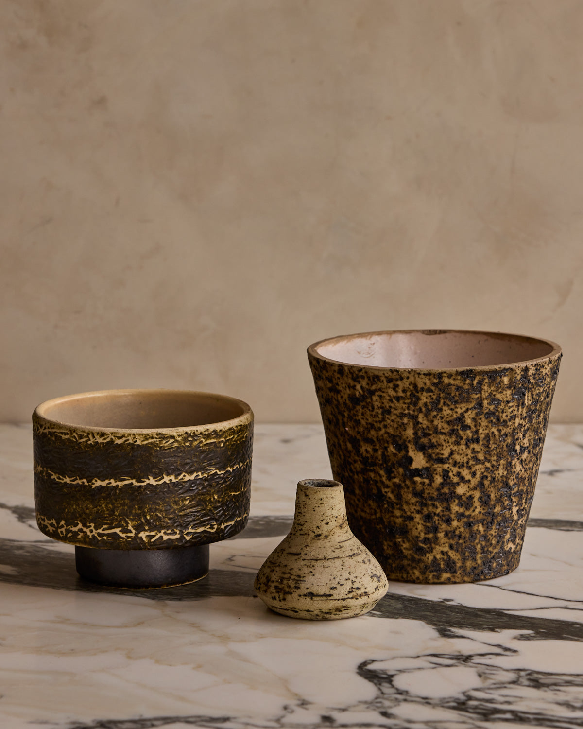 Trio of Birch Bark Ceramic Vessels