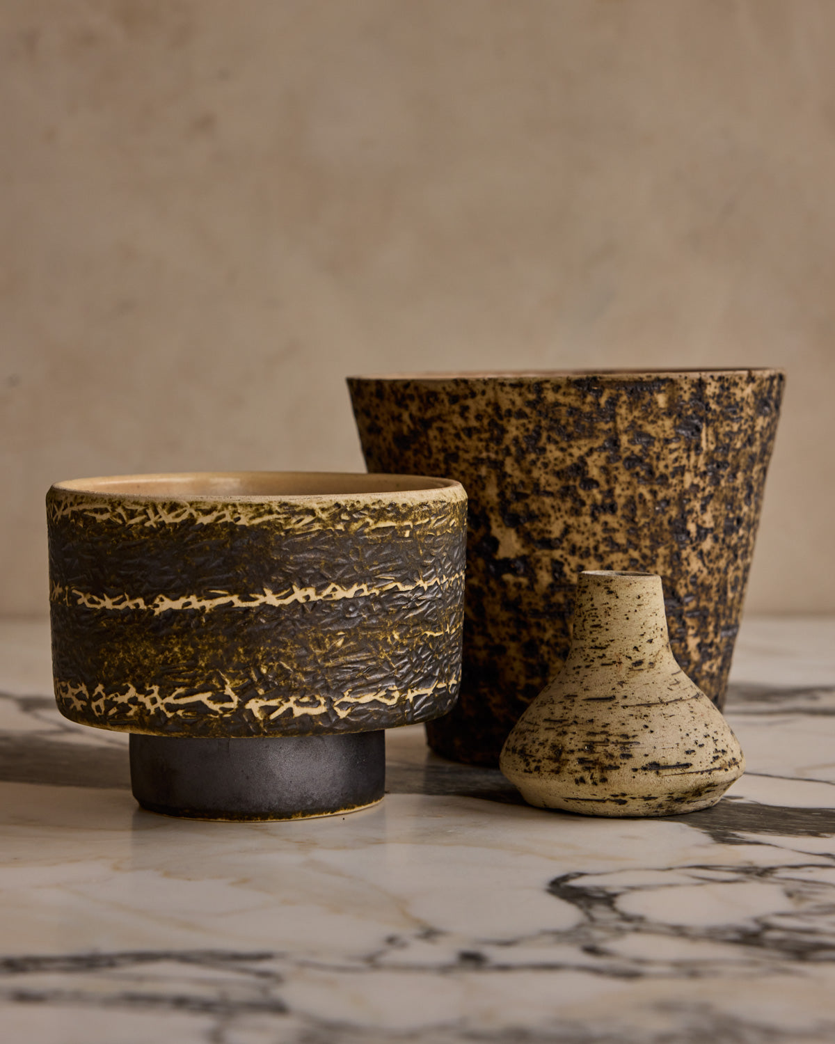 Trio of Birch Bark Ceramic Vessels