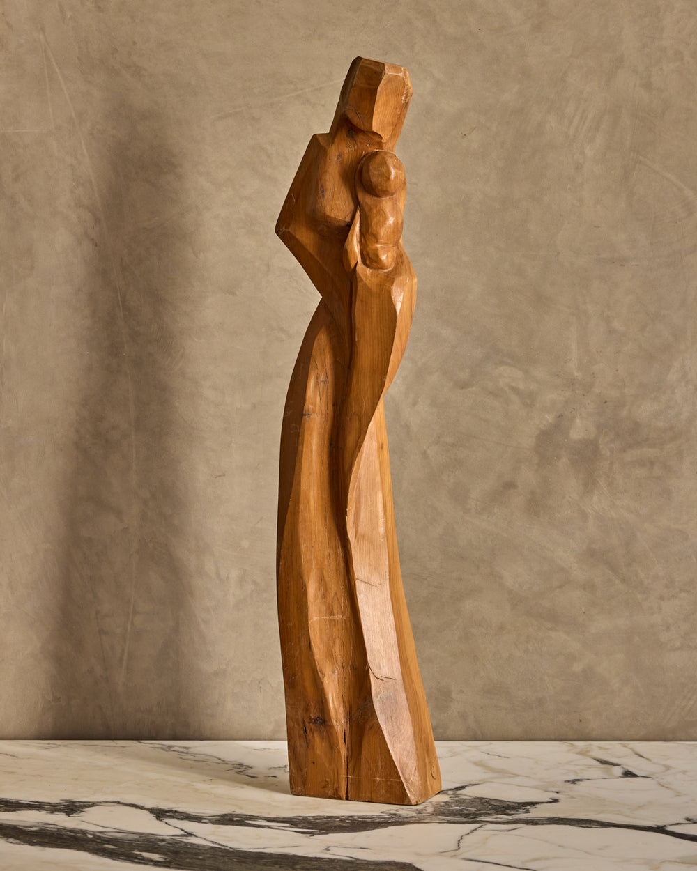 Handcarved Wooden Mother + Child Sculpture