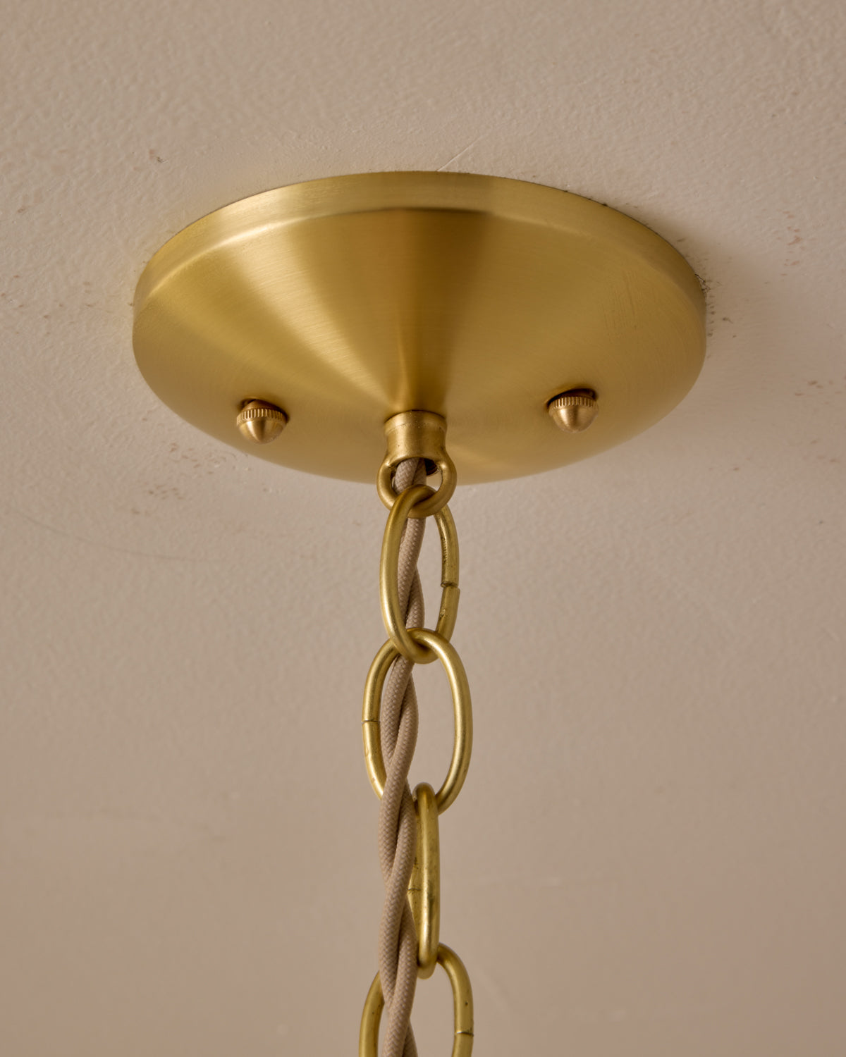 Large pendant light with oversized clear glass globe and decorative wooden clear maple shade with brass chain  #cord-color_beige