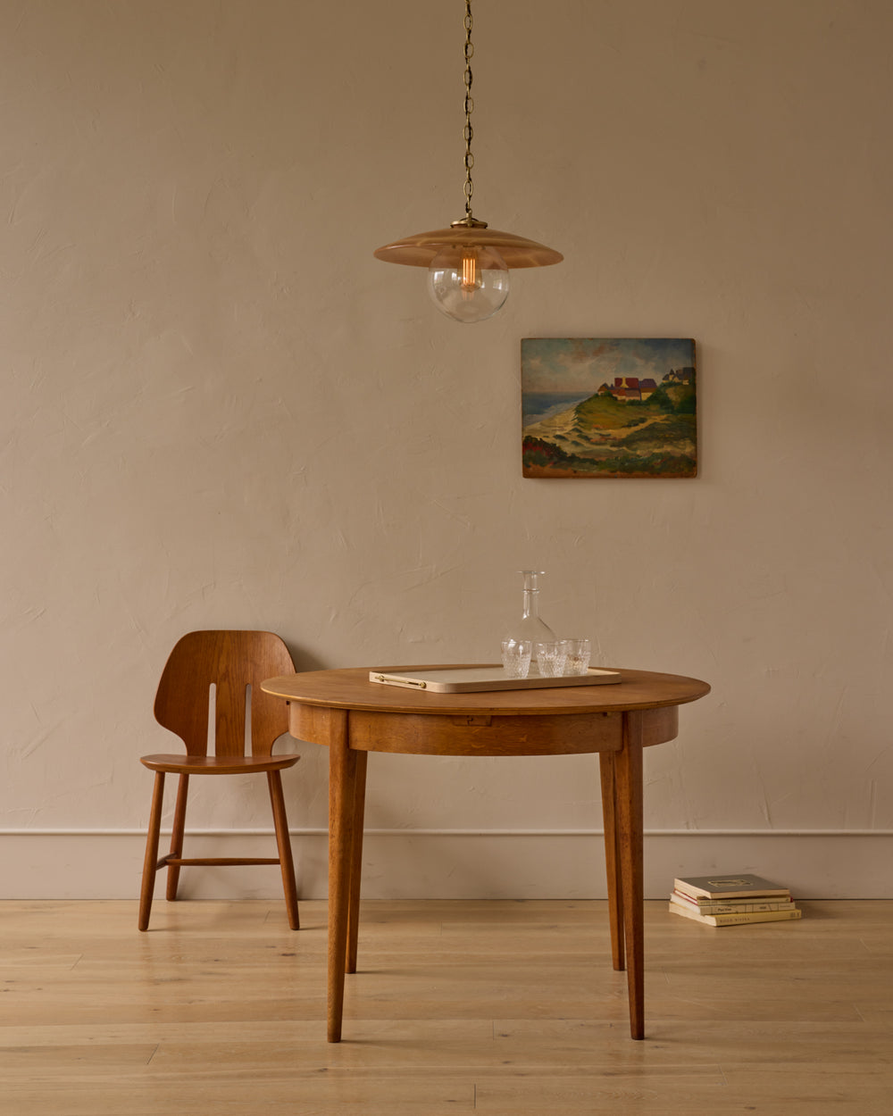 Large pendant light with oversized clear glass globe and decorative wooden clear maple shade with brass chain  #shade-finish_natural maple #globe_clear glass #cord-color_brown