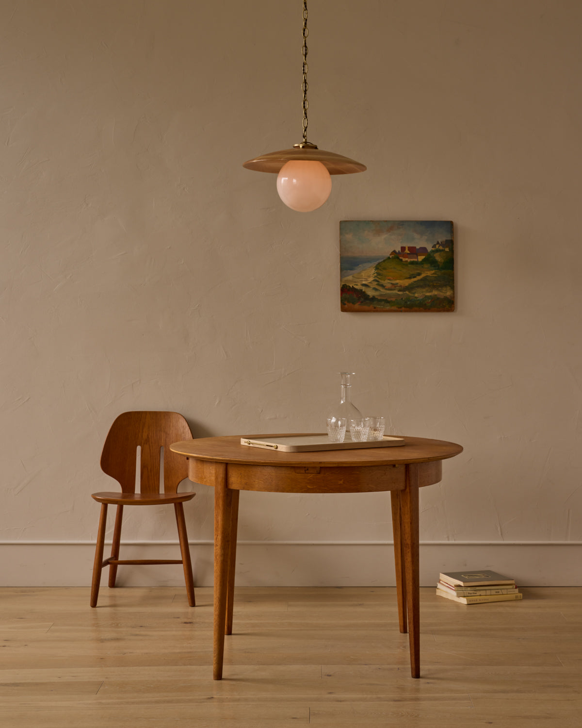 Large pendant light with oversized clear glass globe and decorative wooden clear maple shade with brass chain  #shade-finish_natural maple #globe_white glass #cord-color_brown
