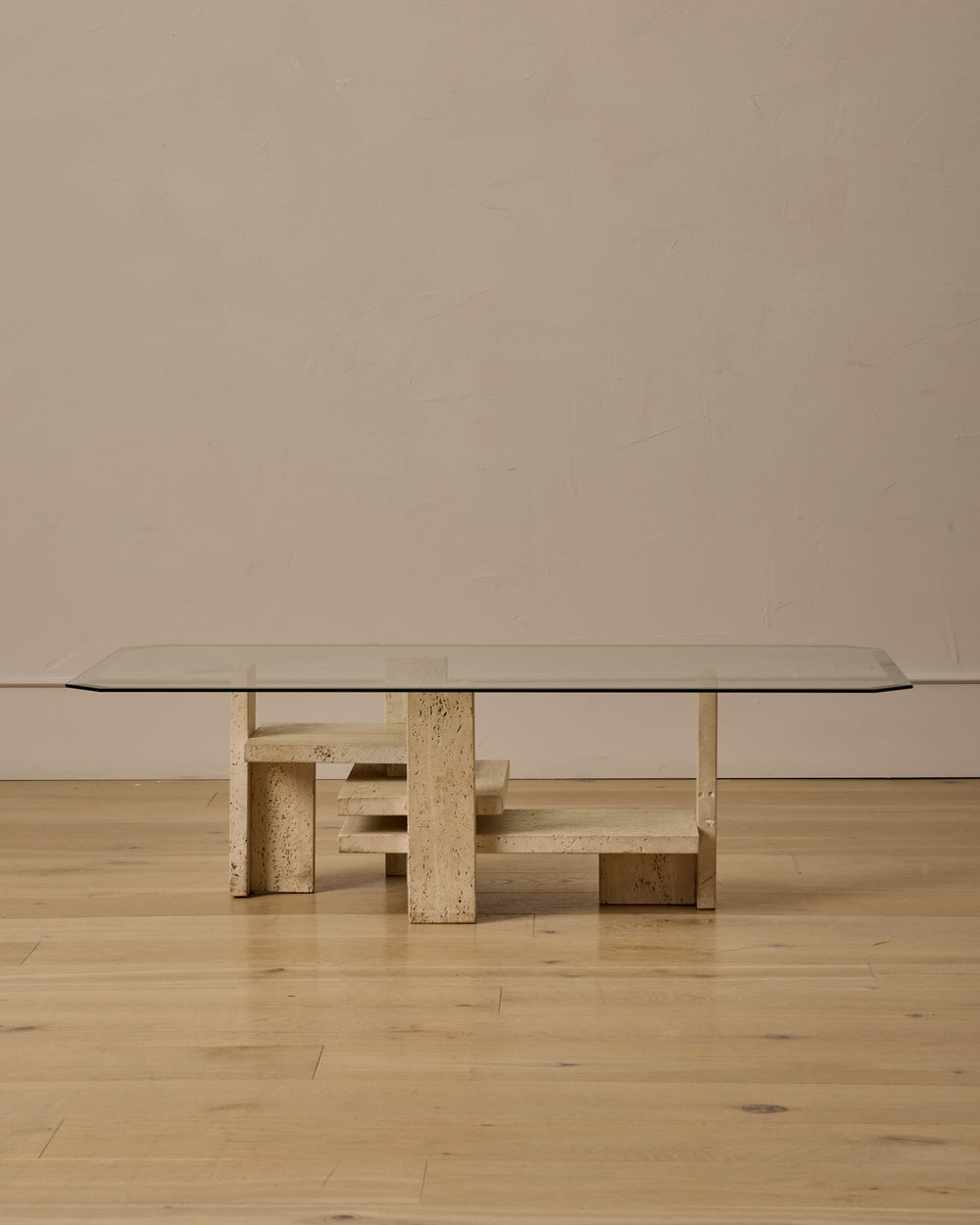 Travertine & Glass Coffee Table by Willy Ballez