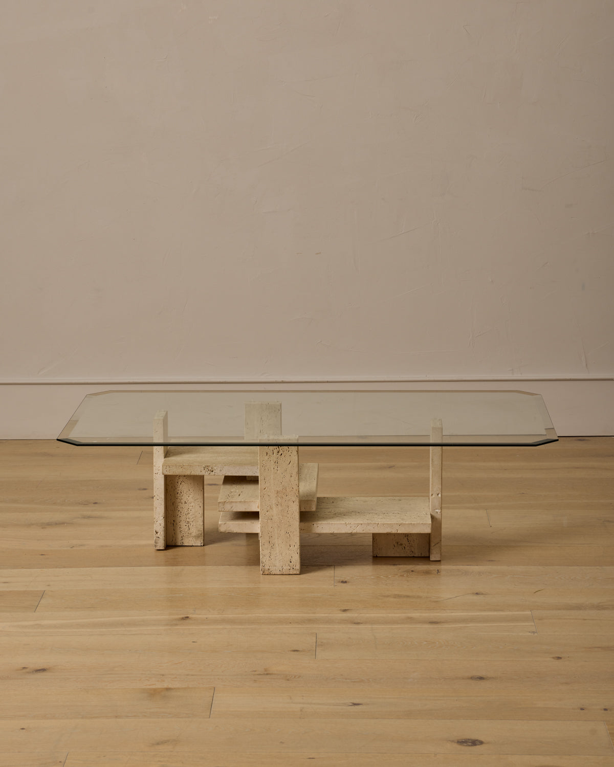 Travertine & Glass Coffee Table by Willy Ballez