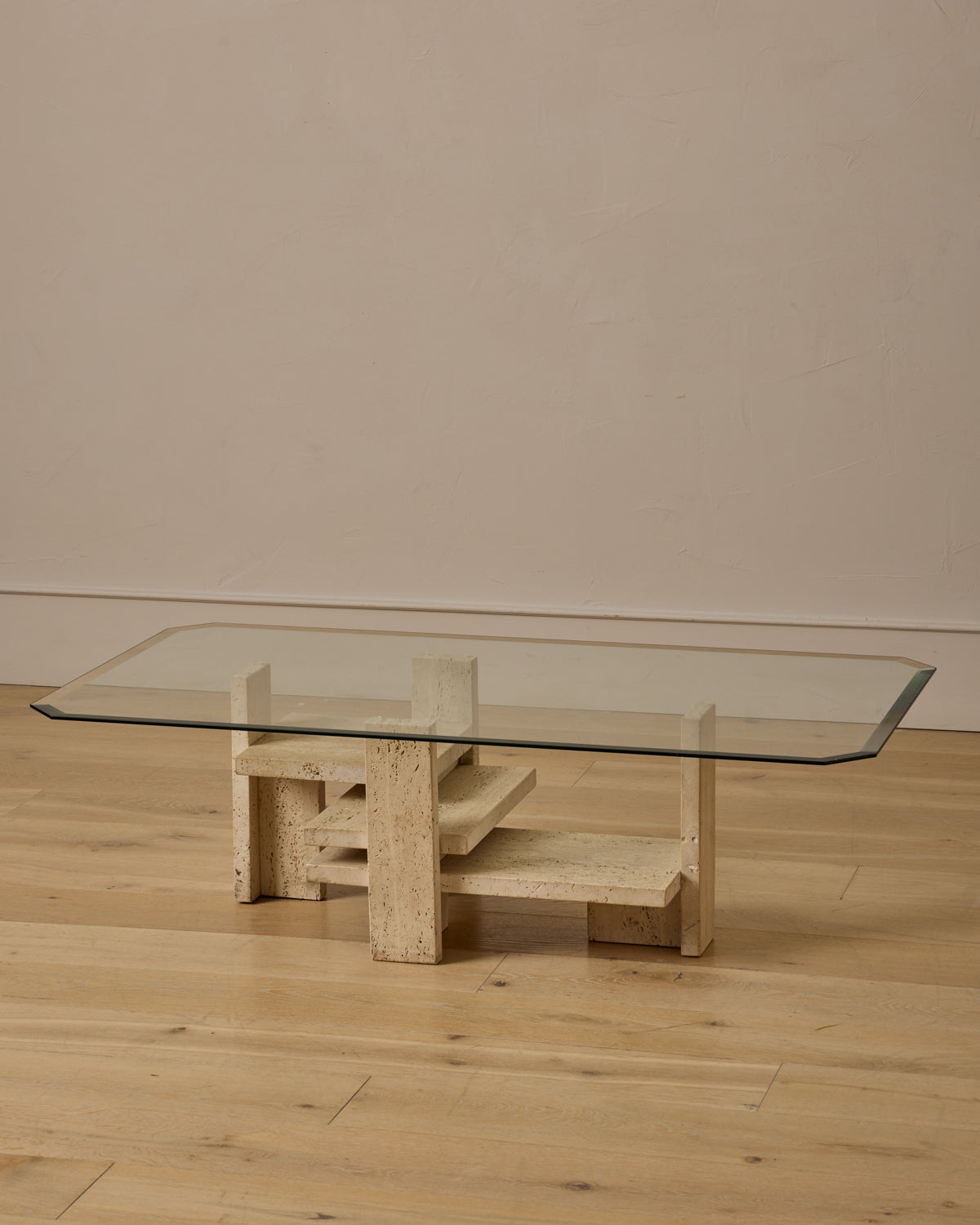Travertine & Glass Coffee Table by Willy Ballez