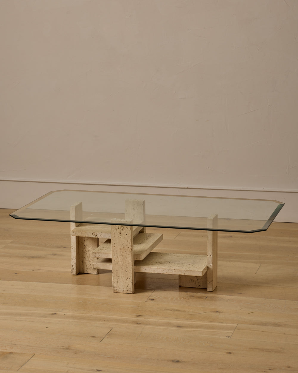 Travertine & Glass Coffee Table by Willy Ballez