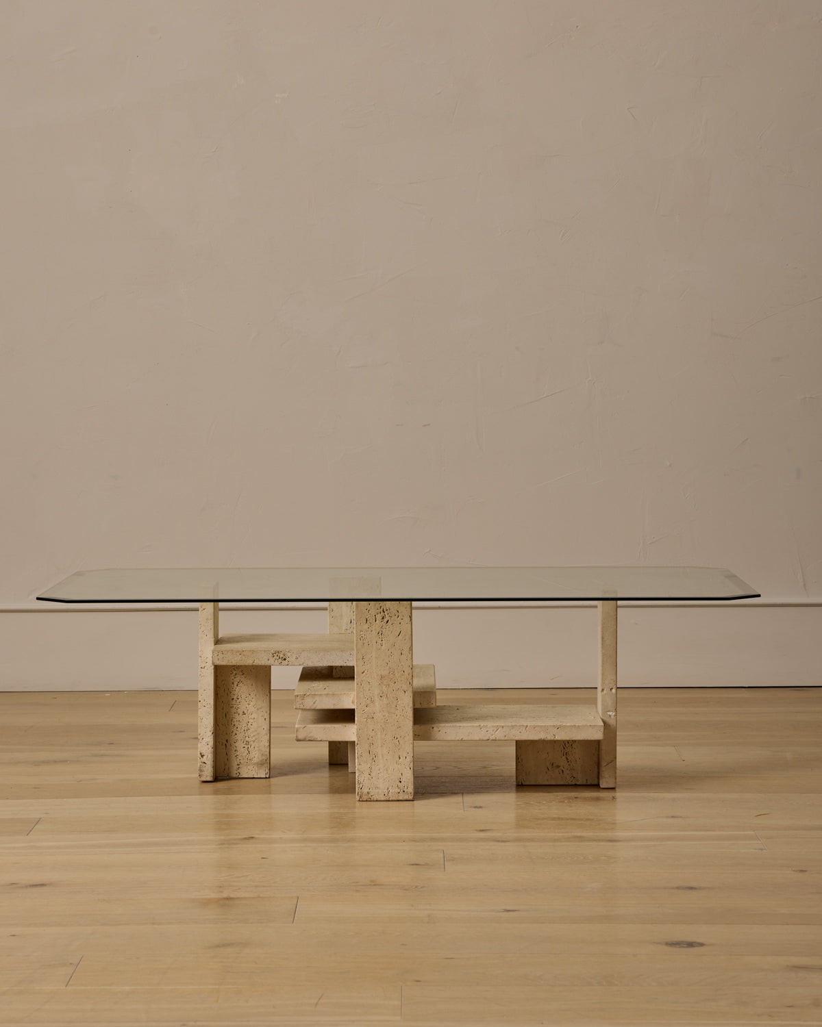 Travertine & Glass Coffee Table by Willy Ballez