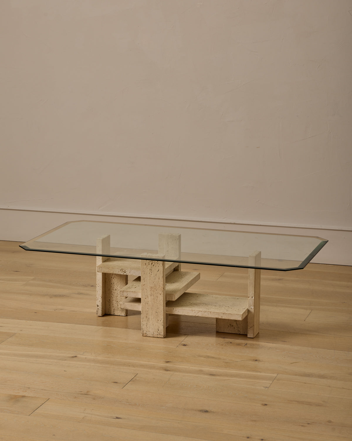 Travertine & Glass Coffee Table by Willy Ballez