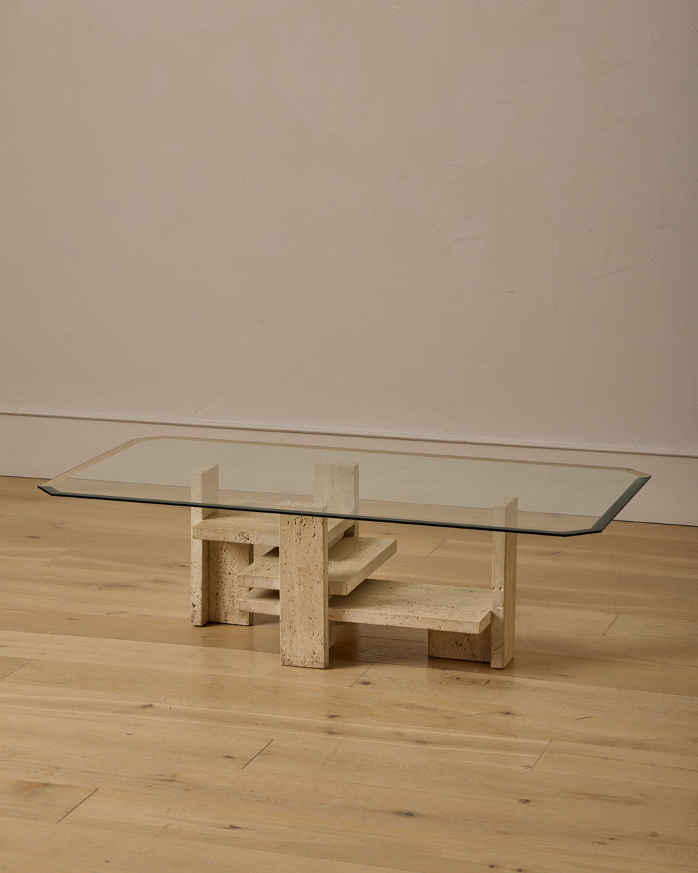 Travertine & Glass Coffee Table by Willy Ballez