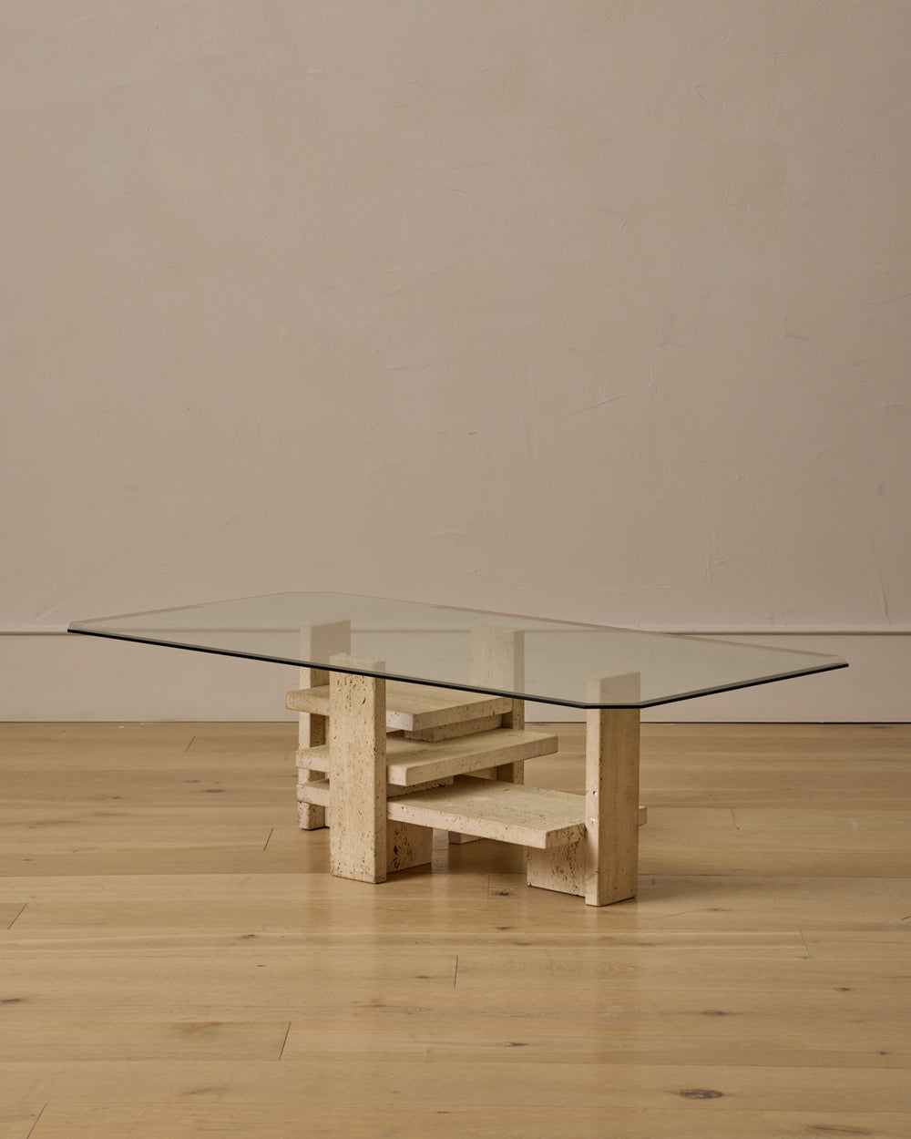 Travertine & Glass Coffee Table by Willy Ballez
