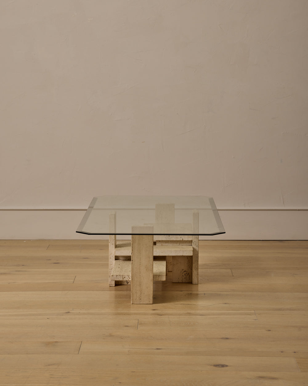 Travertine & Glass Coffee Table by Willy Ballez