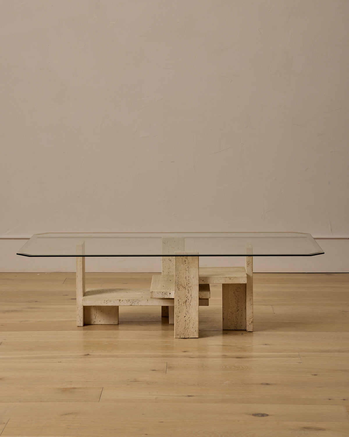Travertine & Glass Coffee Table by Willy Ballez