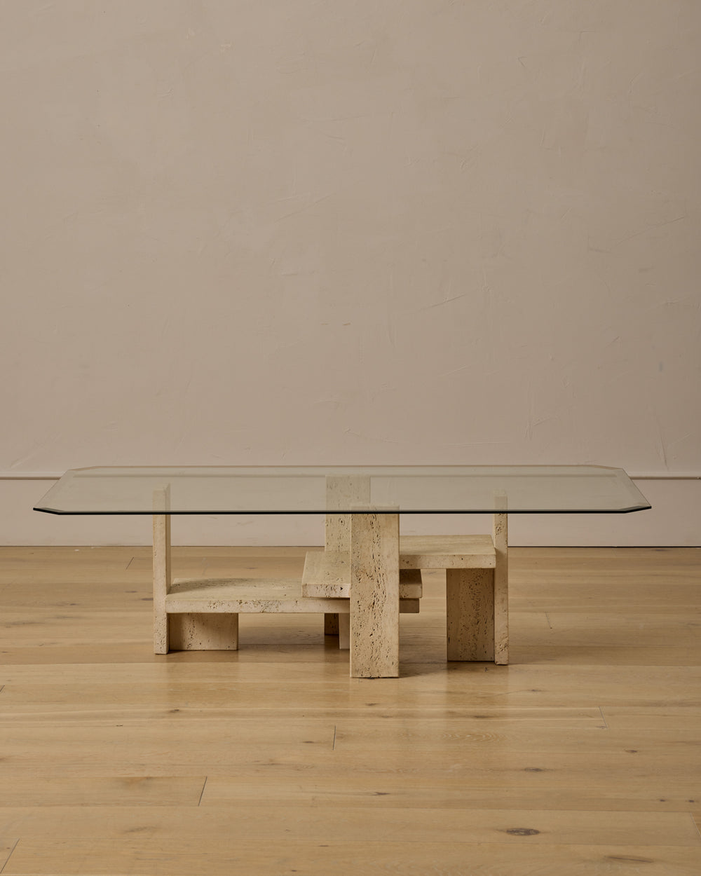 Travertine & Glass Coffee Table by Willy Ballez