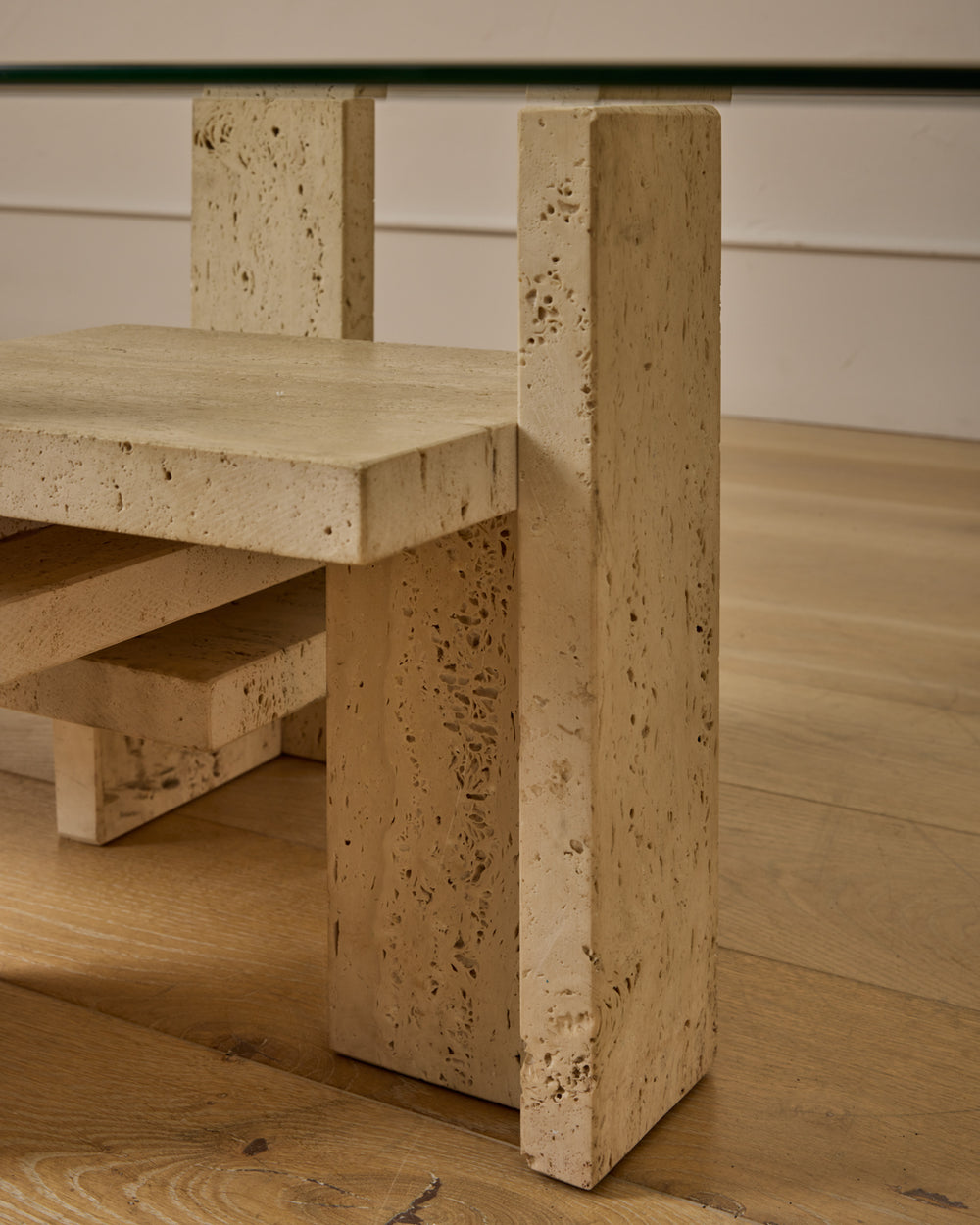 Travertine & Glass Coffee Table by Willy Ballez