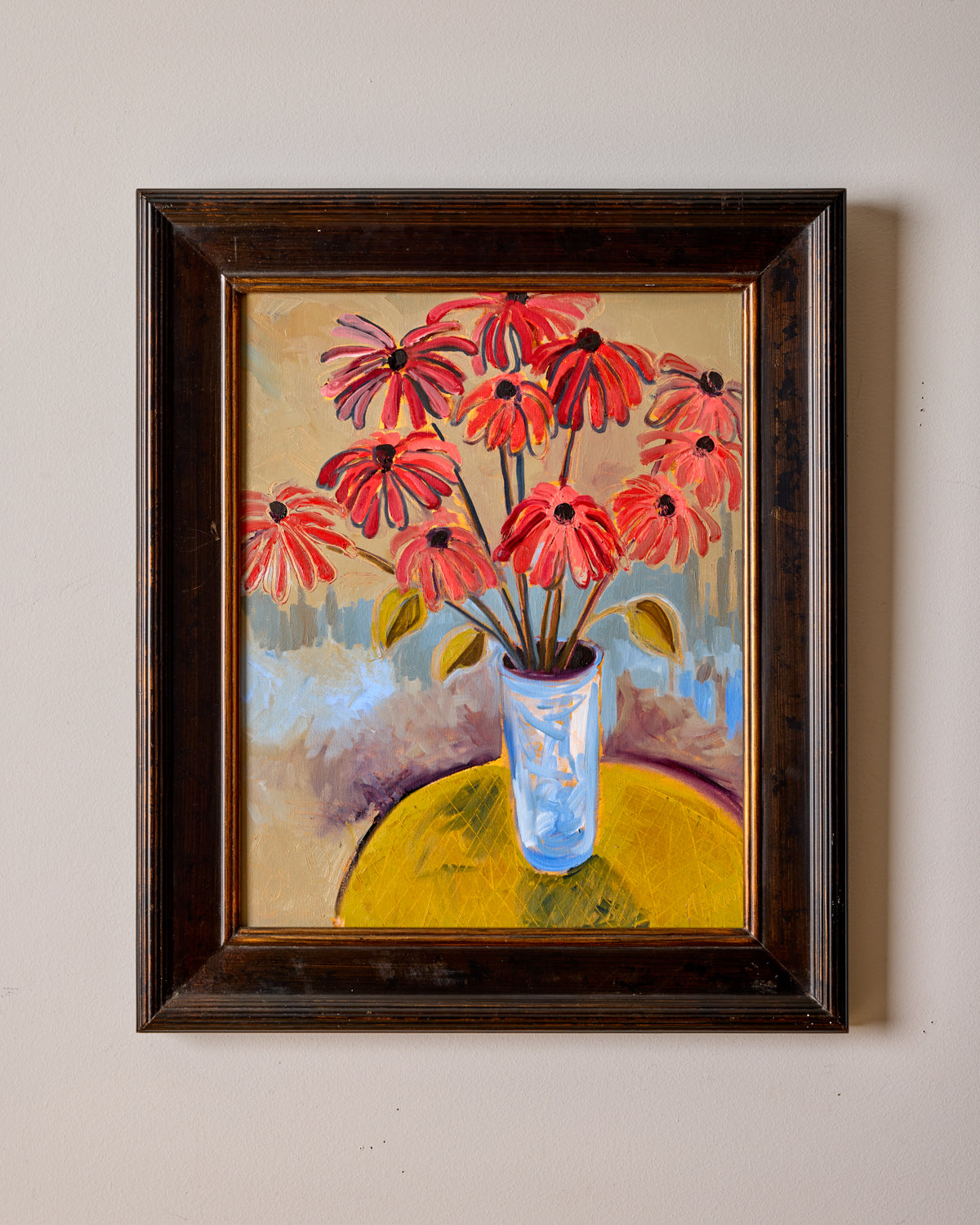 Pink Echinacea on Yellow Table