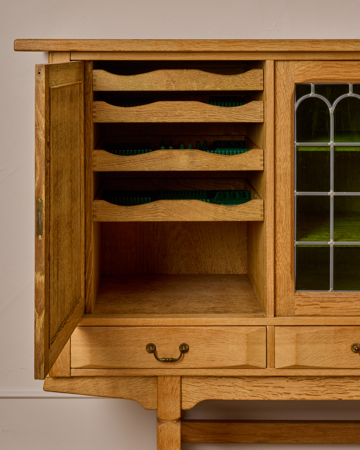 Danish Oak Highboard with Green Glass